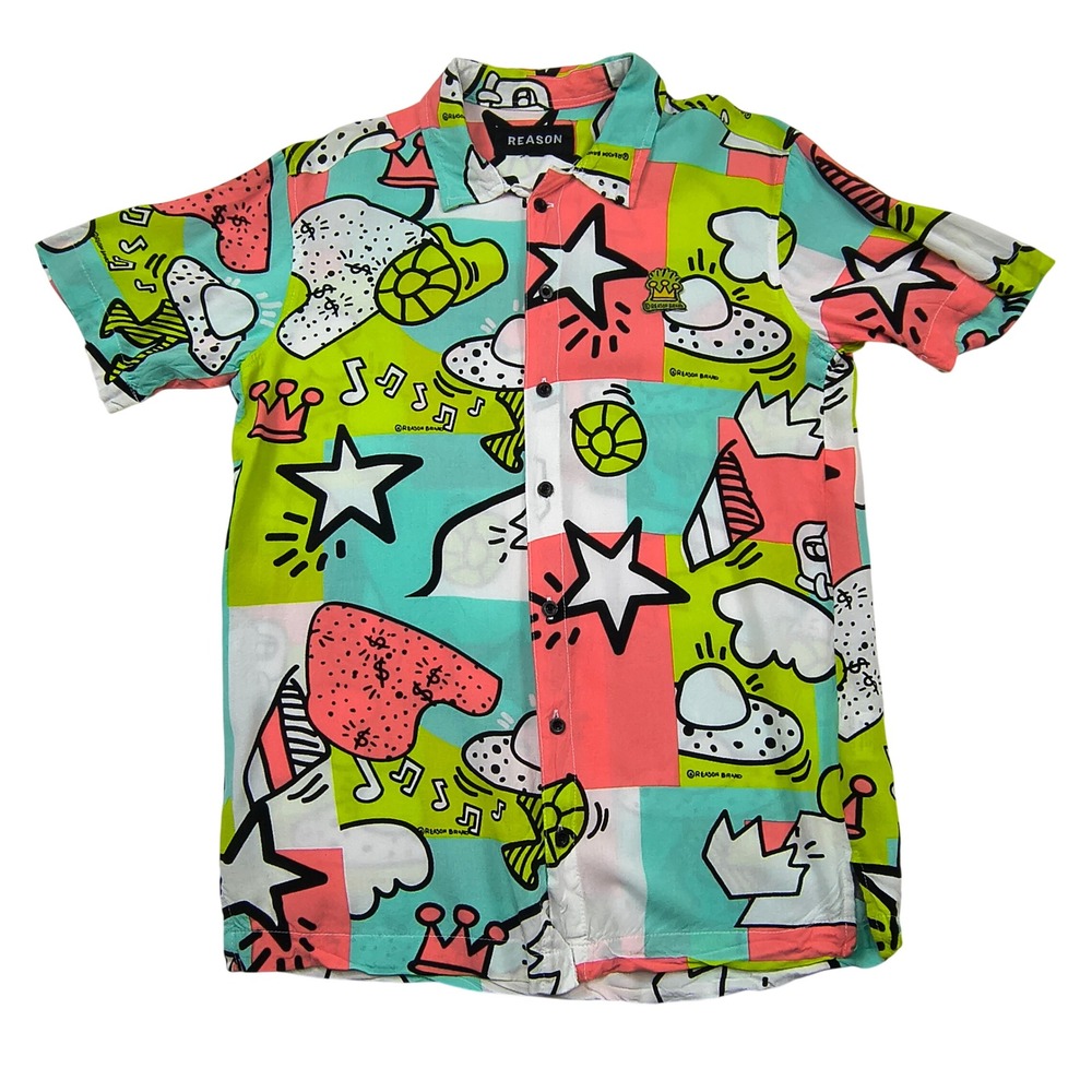Reason Brand Mens Medium Multicolor Pop Art Graphic Button Up Shirt Short Sleeve
